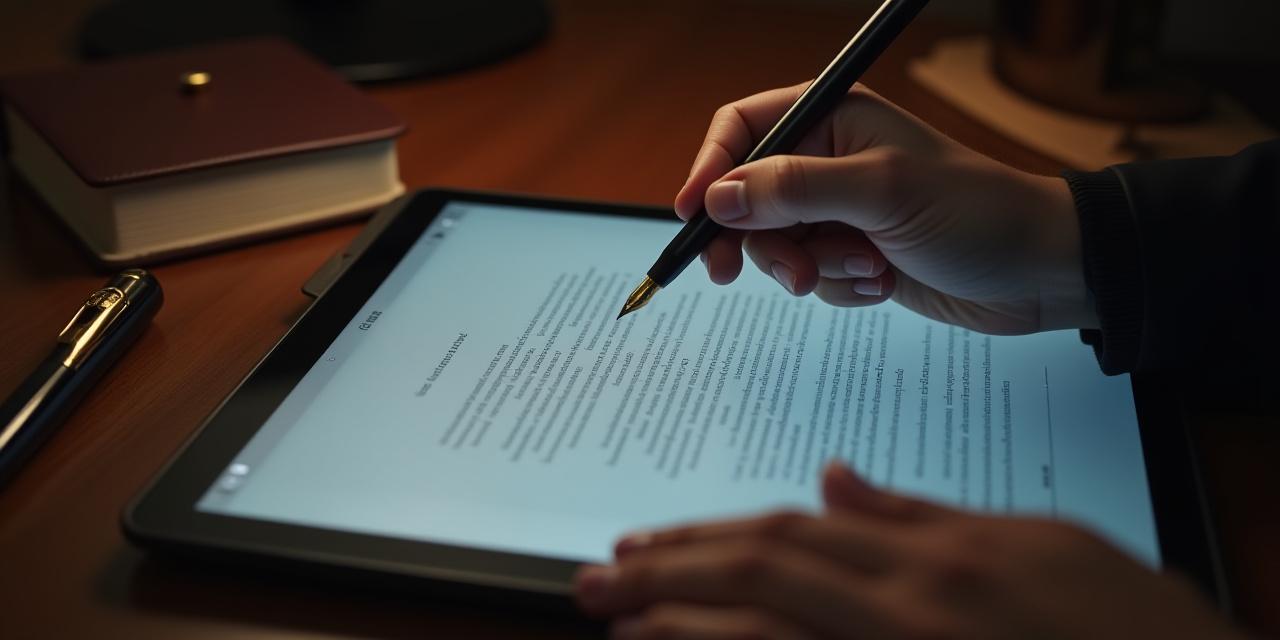 Close up of a legal professional redlining a document on a digital tablet with a stylus, representing precision